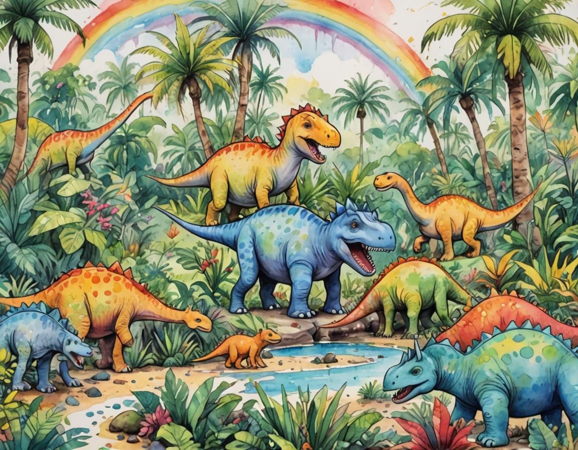 Happy Dinosaurs in a Tropical Watercolour Paradise