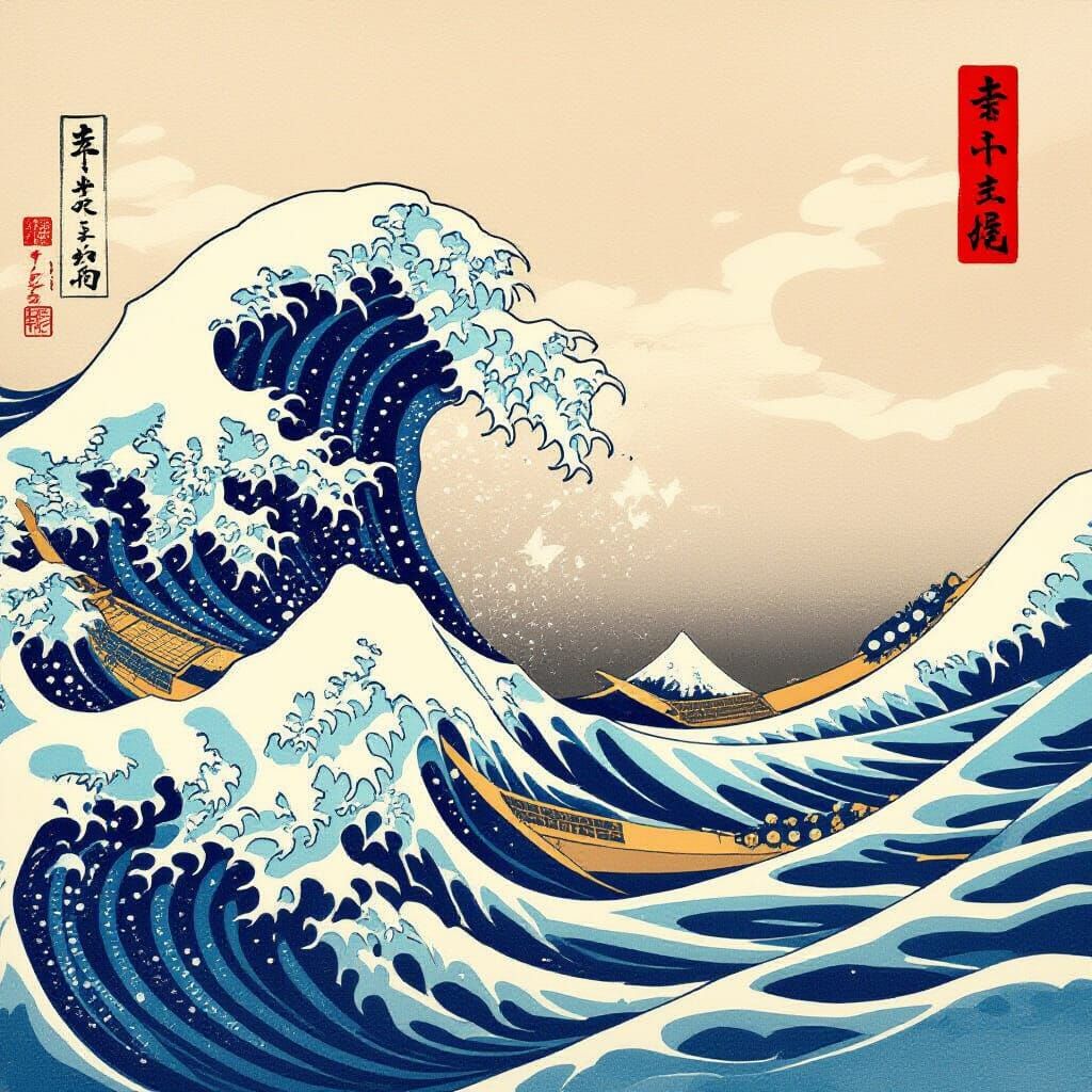 Hokusai-Style Japanese Landscape Woodblock Print