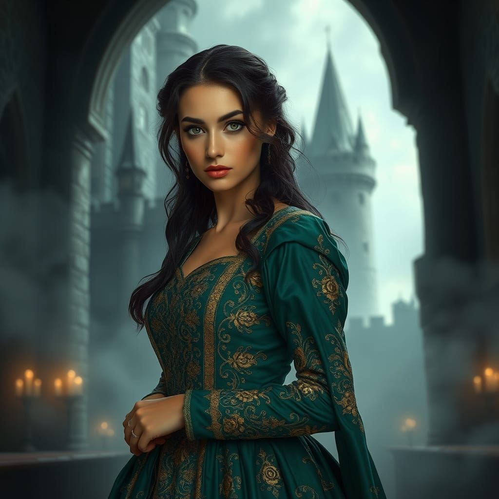 Mysterious Woman in Emerald Dress in Monochrome Castle