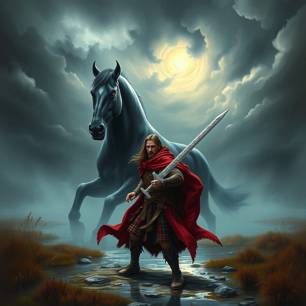 Scottish Warrior Battles Legendary Water Horse in Stormy Mar...