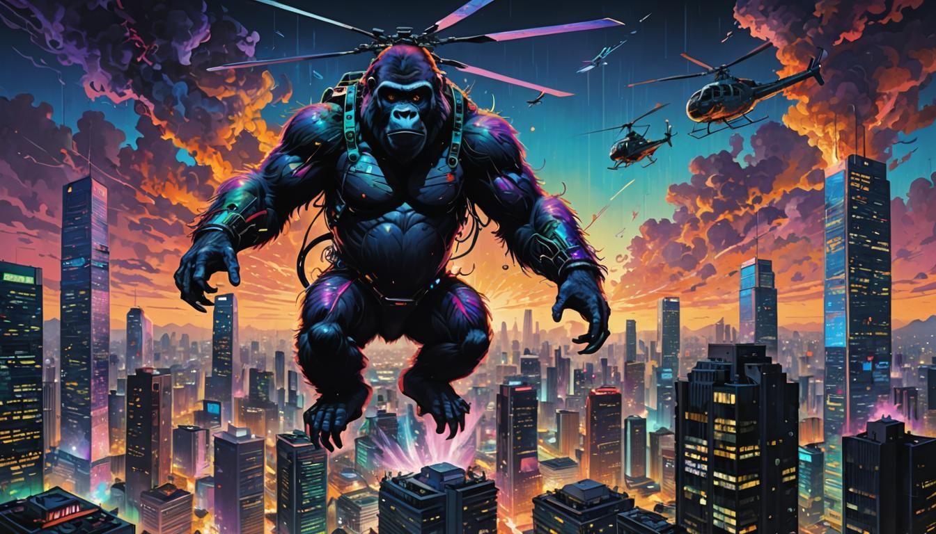 Cyberpunk Gorilla Silhouette in Psychedelic Cityscape