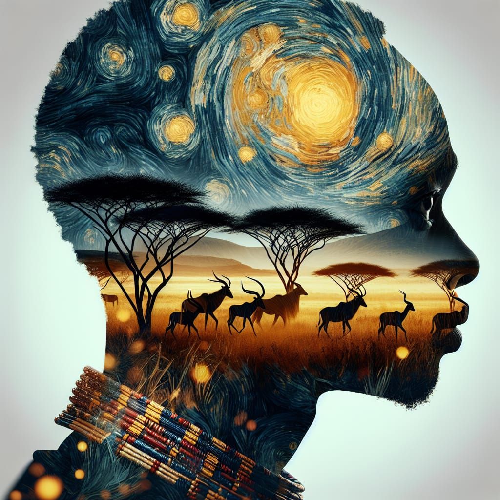 Masai Warrior Serengeti Double Exposure in Van Gogh Style