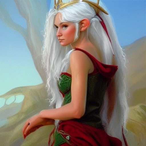 White-Haired Elf Princess in Oil Painting Style