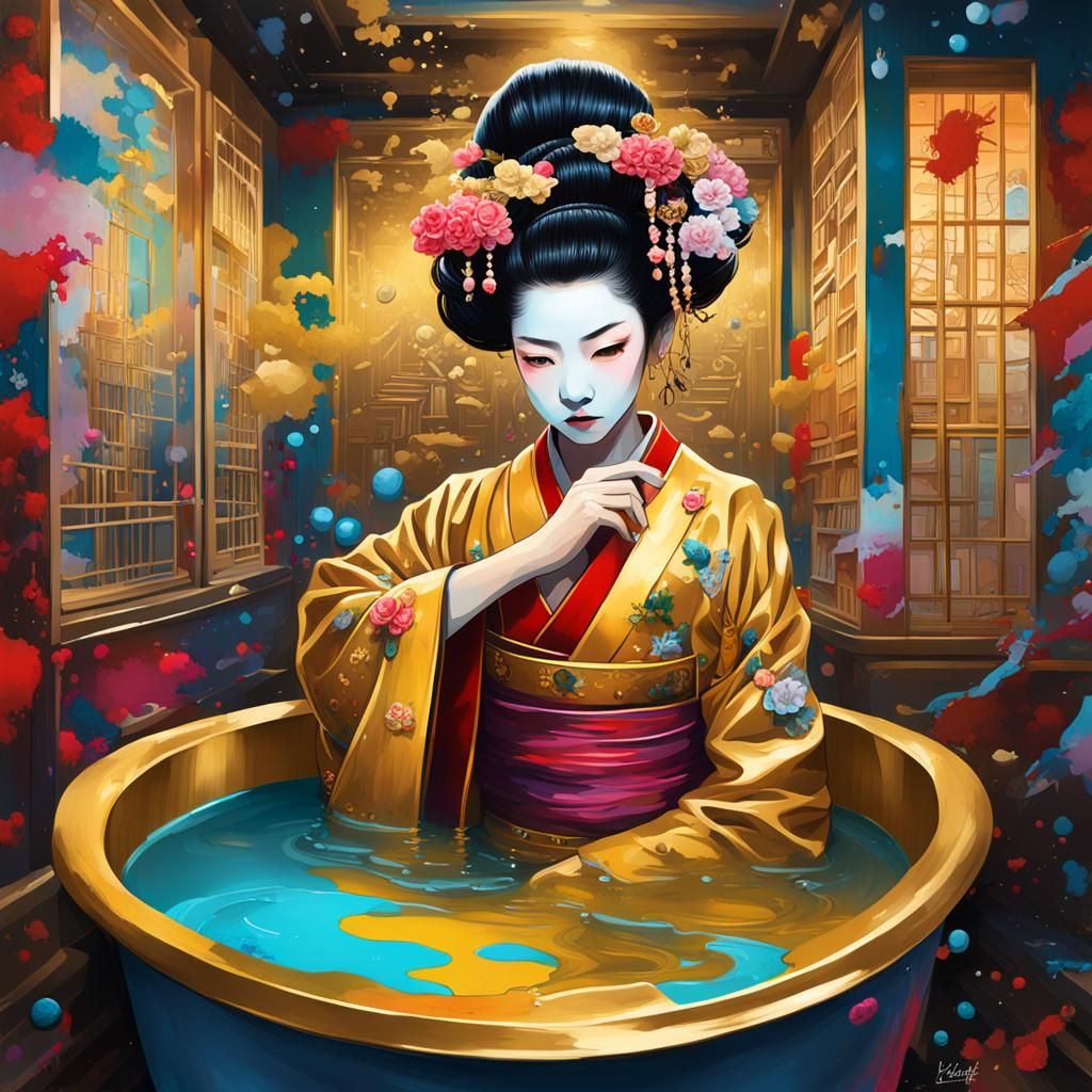 Geisha Warrior in Gold Bathtub Graffiti Art