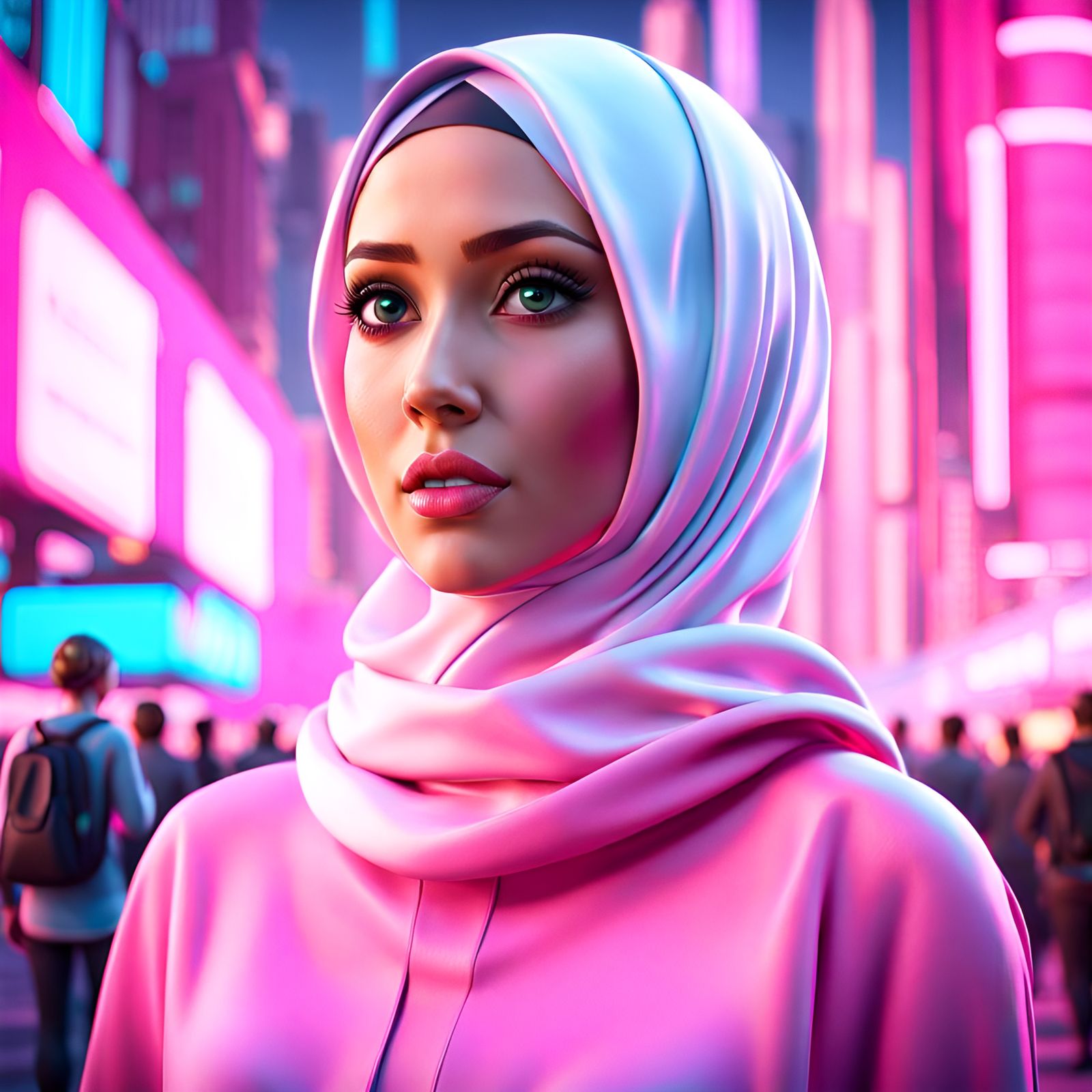 Woman in Pink Hijab in Futuristic City