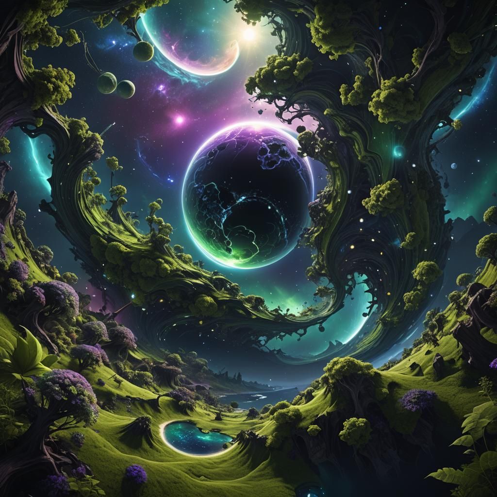 Fractal Planet with Green Landscape in Deep Space