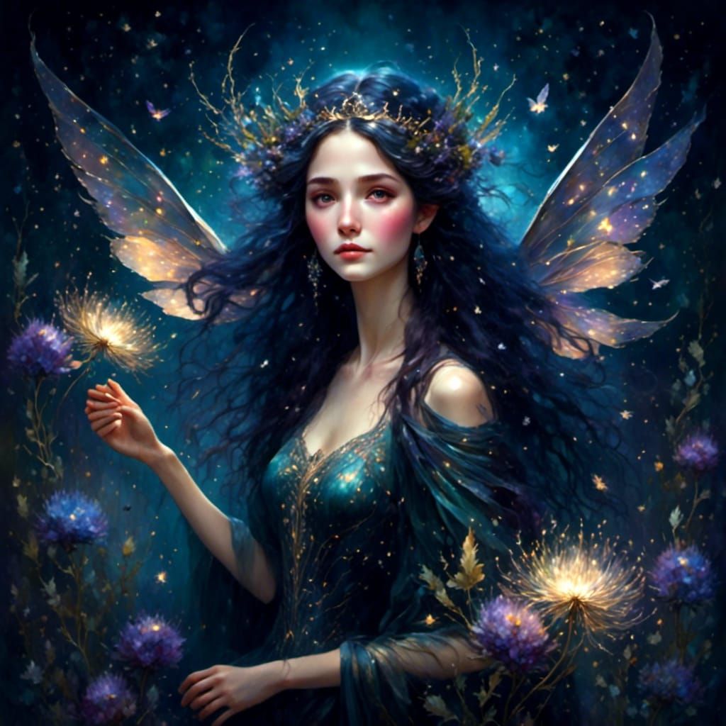 Dark Fairy with Iridescent Wings in Watercolor Style