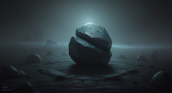 Mysterious Stone with Glowing Glyphs in Dark Cave