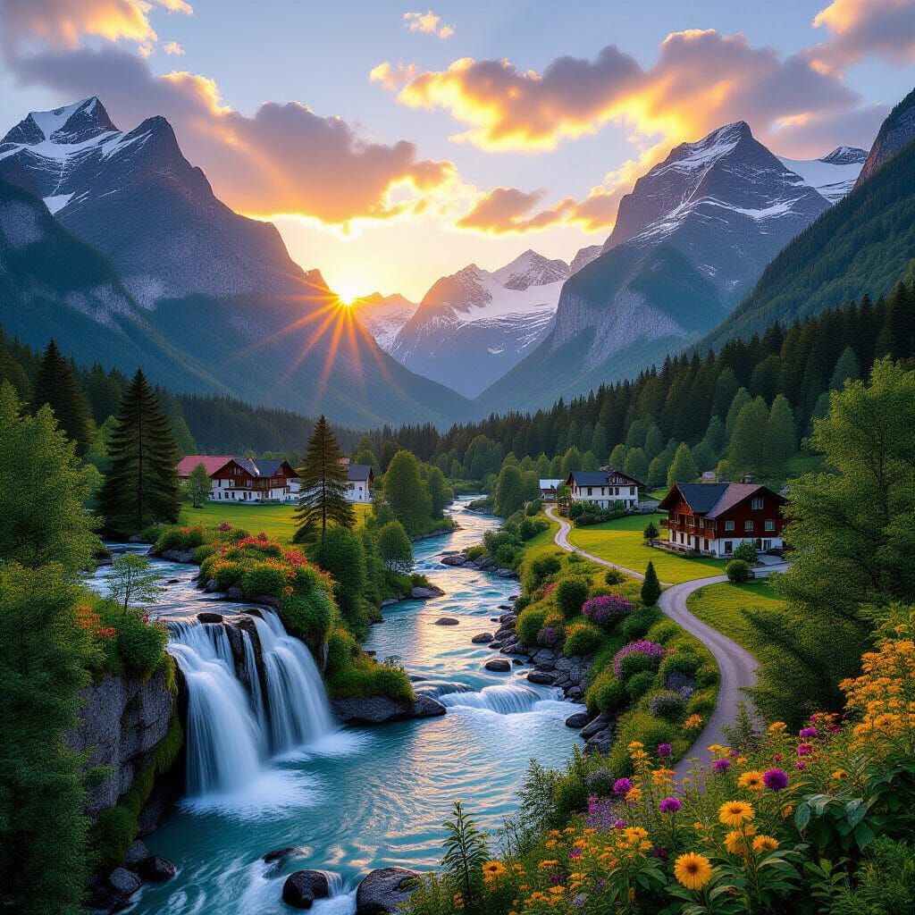 Golden Sunset Over Snow-Capped Mountains and Forest Landscap...