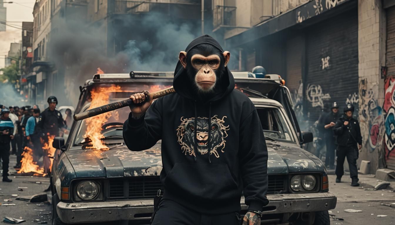 Monkey Graffiti Artist in Riot Scene: Cinematic Film Still