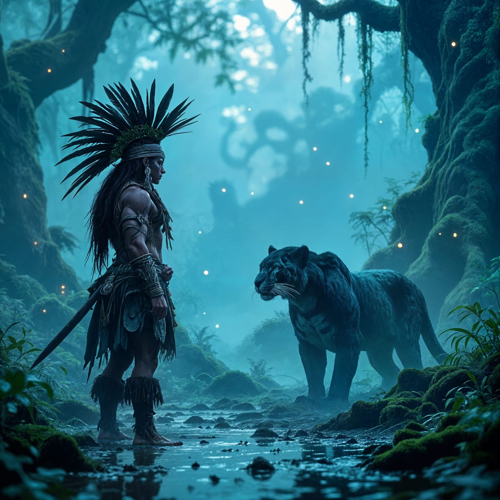 Aztec Warrior and Jaguar in Amazon Dawn