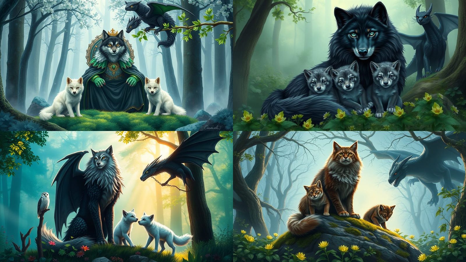 Wolf-Cat King and Cubs in Forest, Dragon Guardian