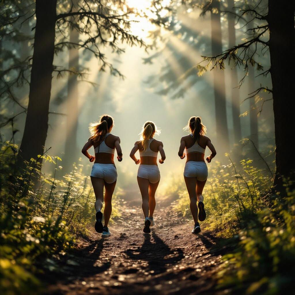 Athletic Women Trail Running in Misty Forest