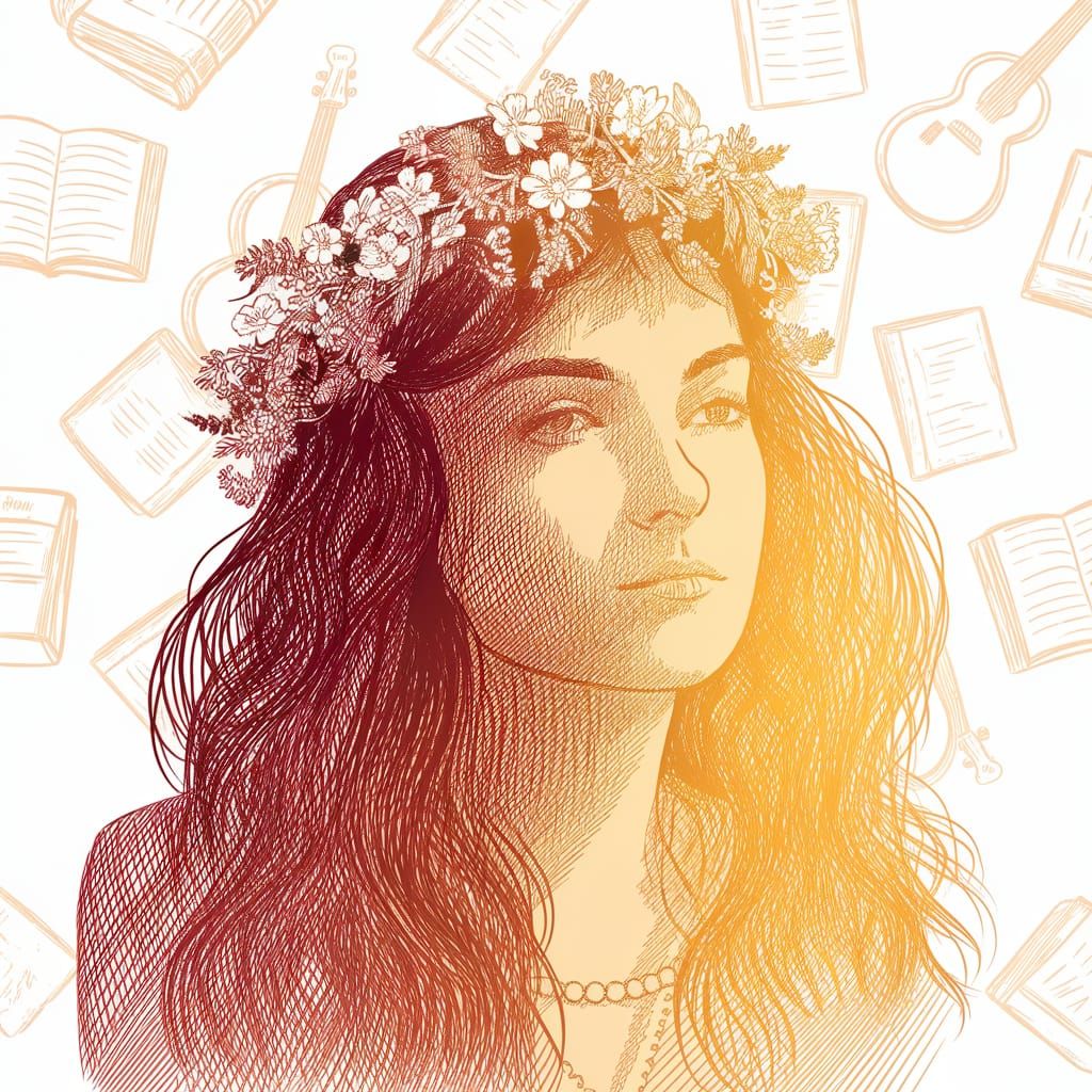 Vintage Bohemian Woman in Intricate Line Art