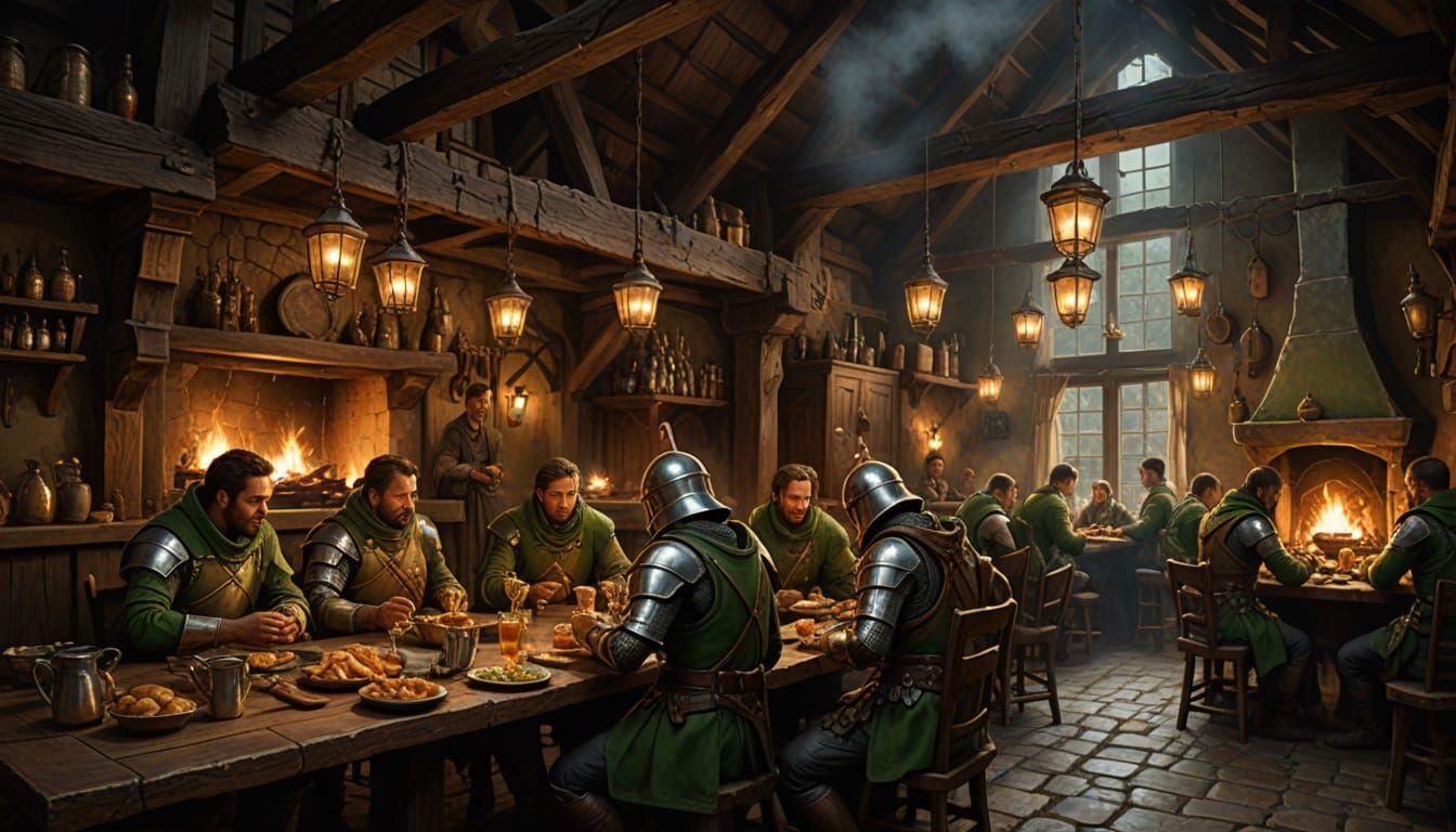 Fantasy Soldiers Enjoy Cozy Breakfast at Tavern in Warm Gold...