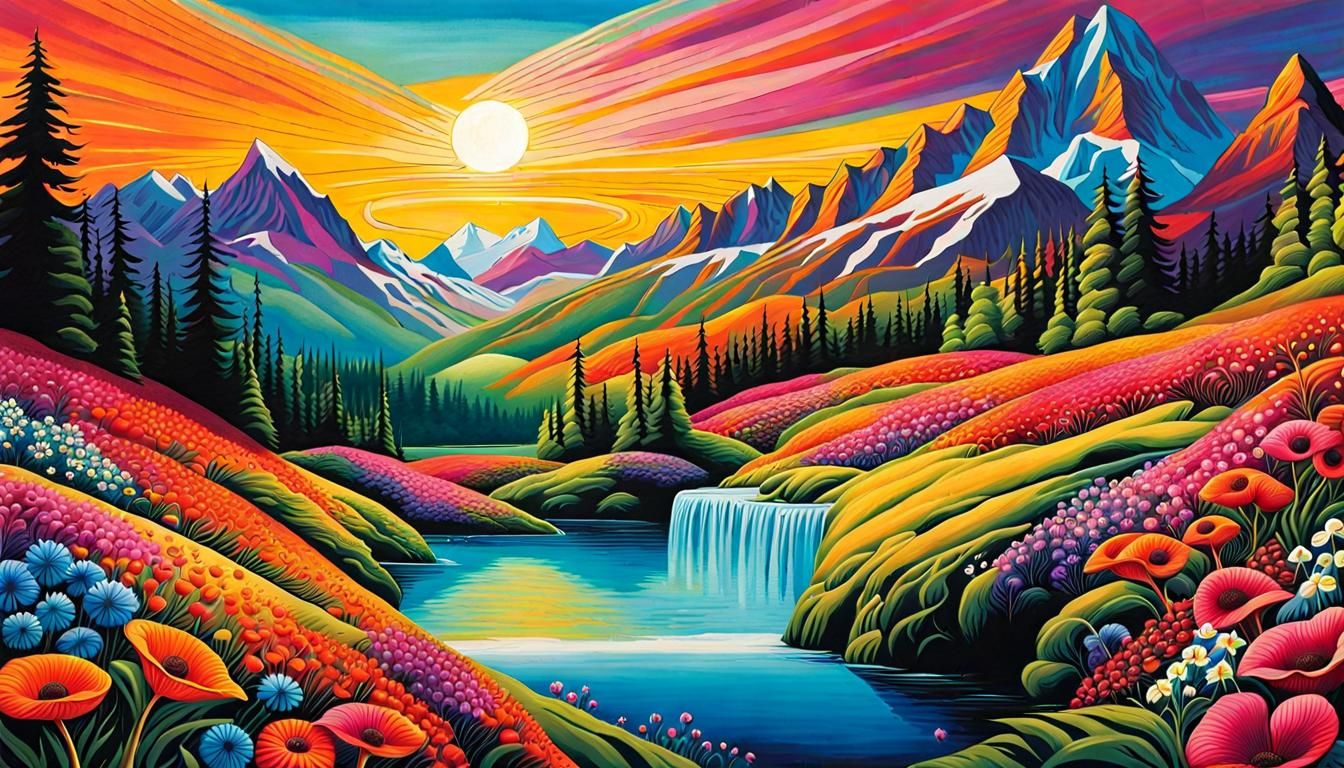 Mother of Love Landscape with Waterfalls in Pastel Colors