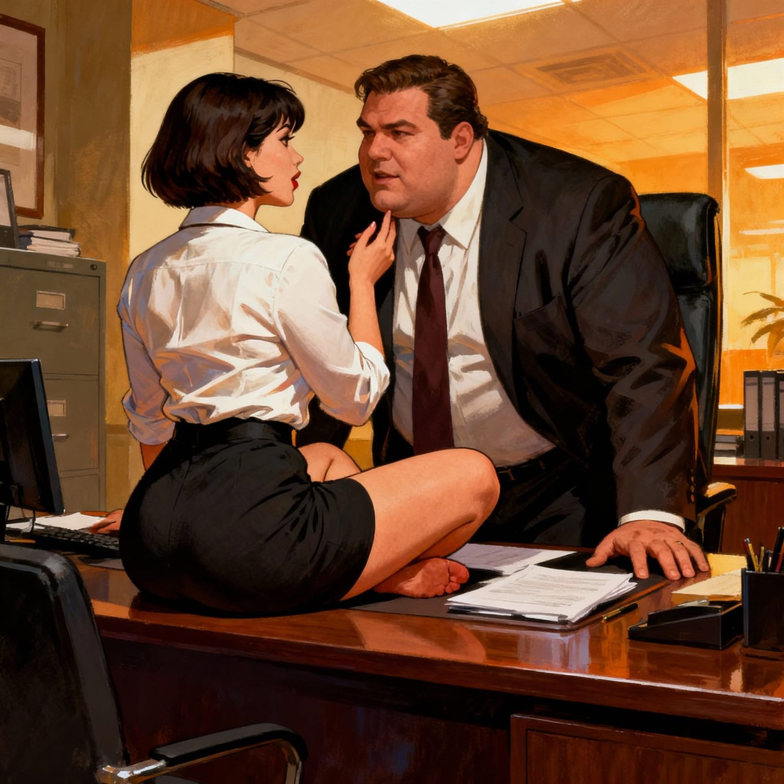 Secretary Flirting with CEO in Detailed Illustration Style