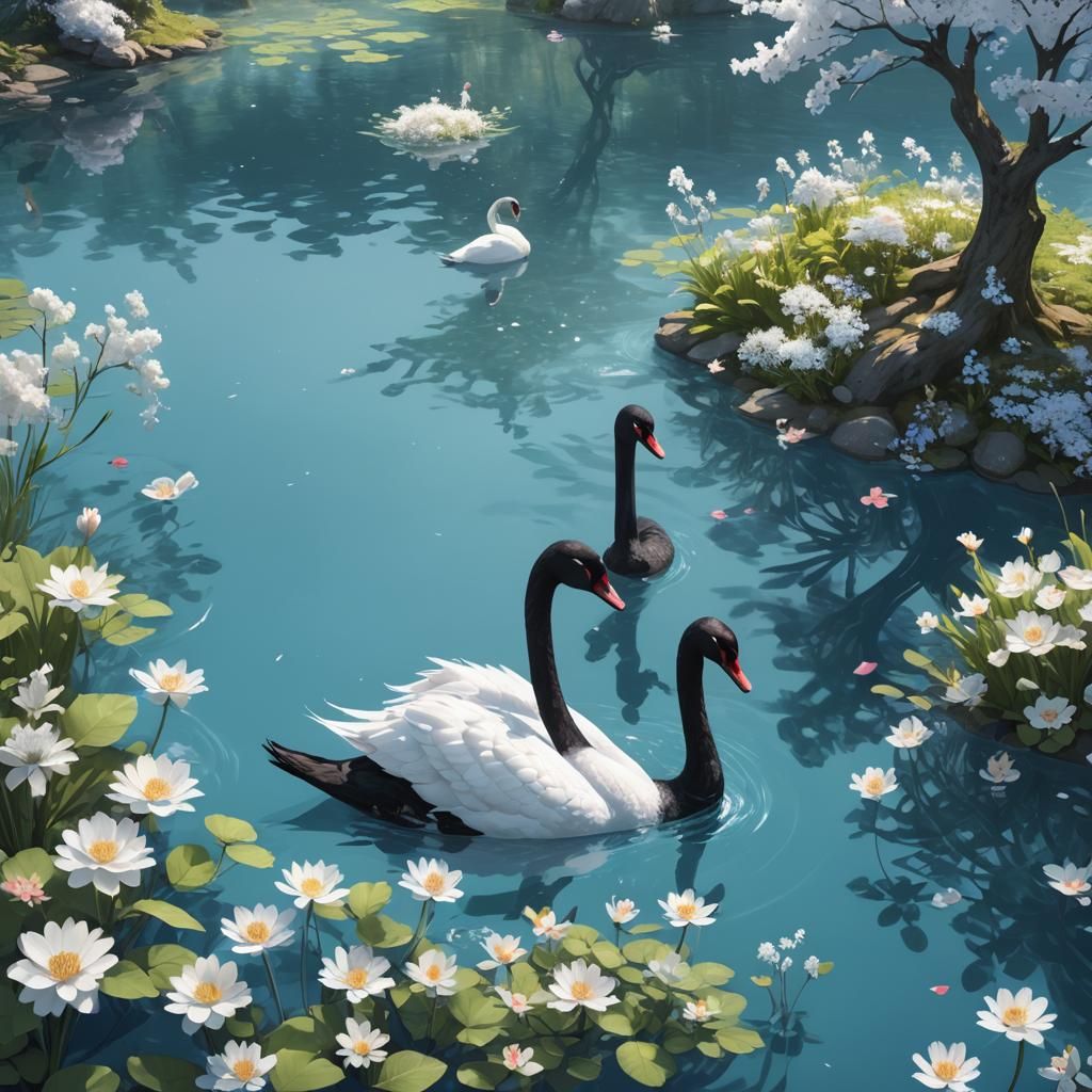 beautiful Black-necked swan mother swimming with the young s...