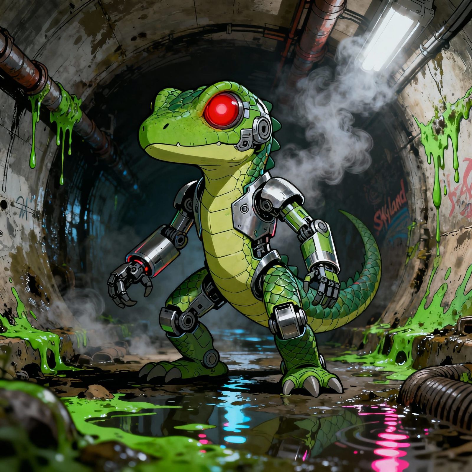 Cybernetic Reptile in Grimy Sci-Fi Sewer