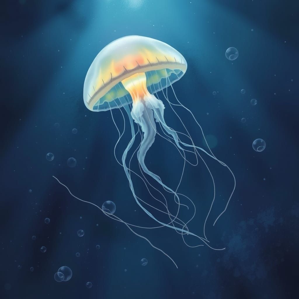 Dreamlike Bioluminescent Moon Jellyfish in Painterly Style