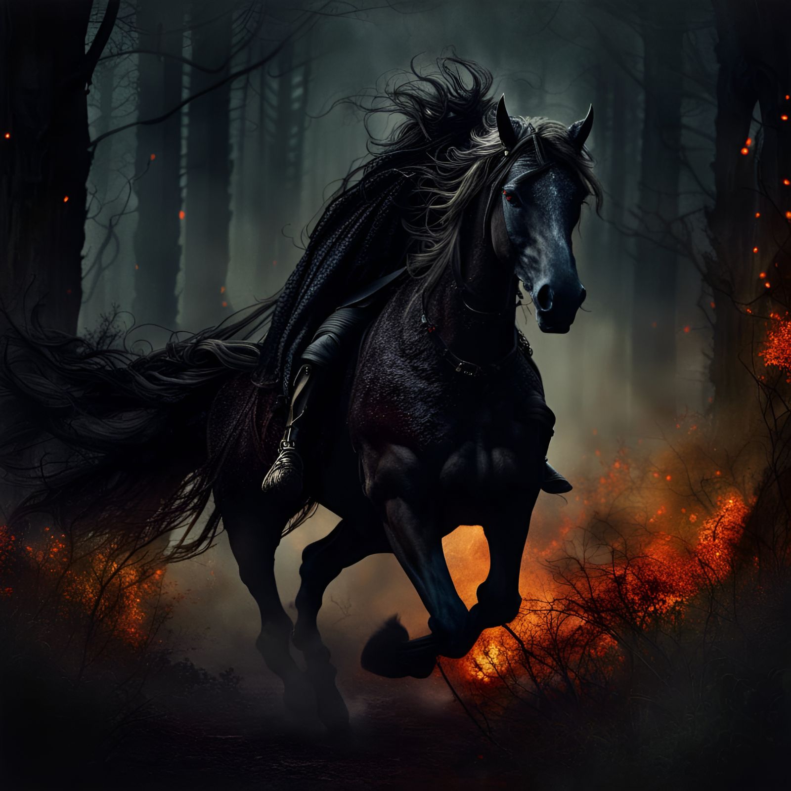 Headless Horseman Galloping Through Dark Forest