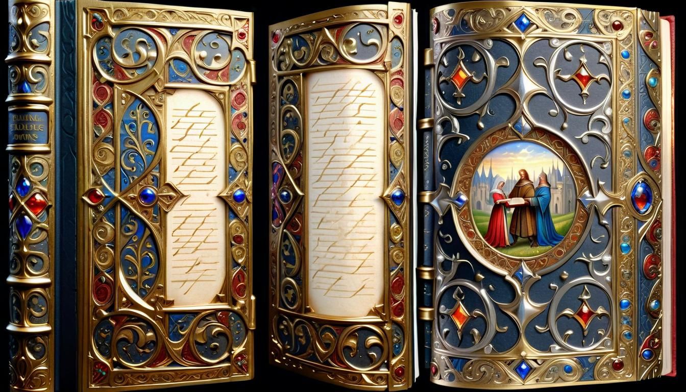 Elaborate Medieval Illuminated Manuscript in Dreamworks Styl...