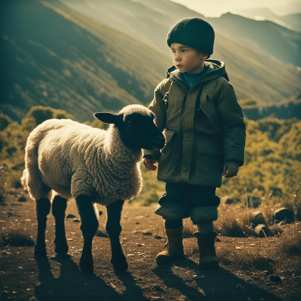 Person with Baby Lamb in Cinematic Film Still