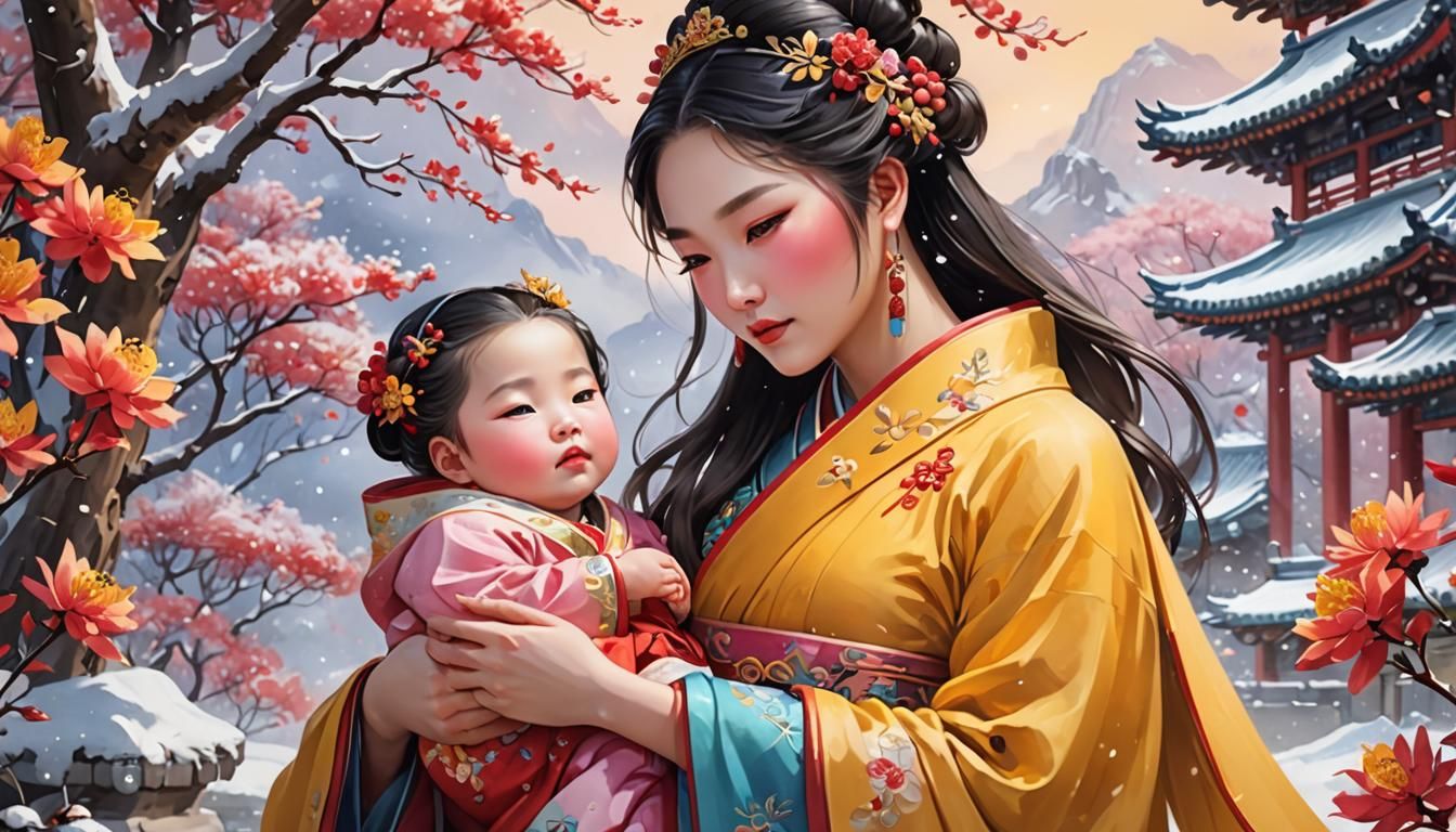 Chinese Mother and Baby in Anime Style