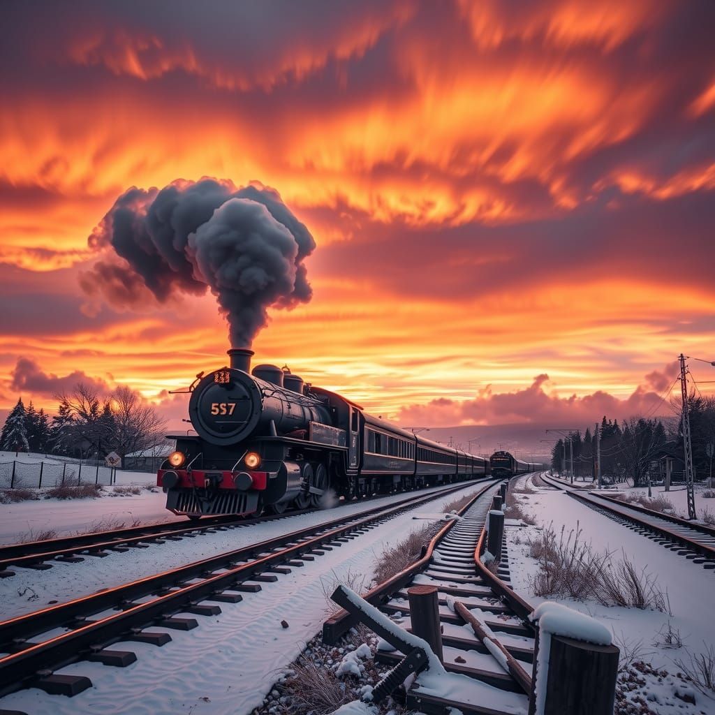 Hyper-Realistic Steam Train at Fiery Sunrise