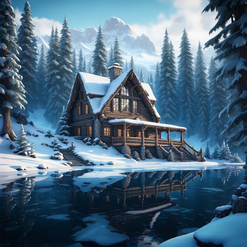 Winter Log Cabin in Snowy Woods