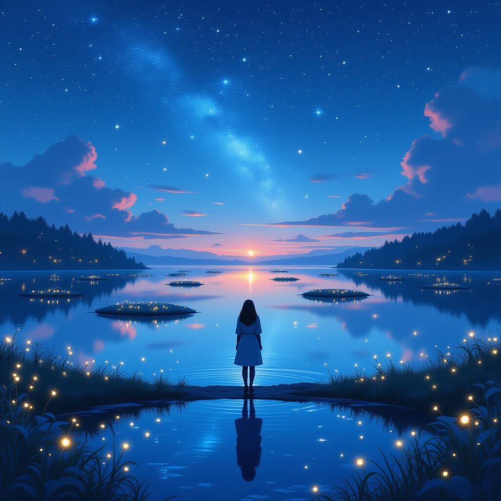 Ethereal Reflection: Starry Sky and Floating Islands