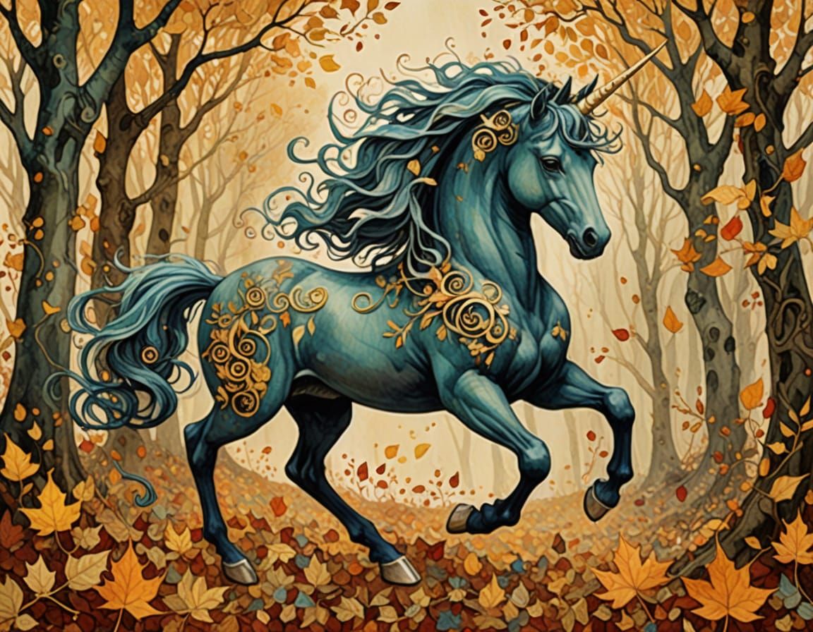 Unicorn Foal Prancing in Enchanted Autumn Woods