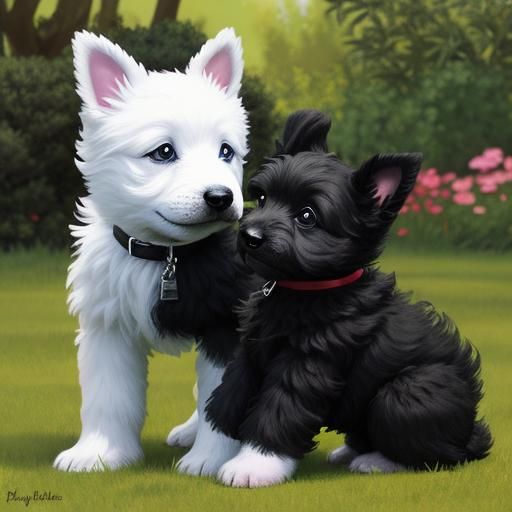 Black Puppy Plays with White Scottie Puppy