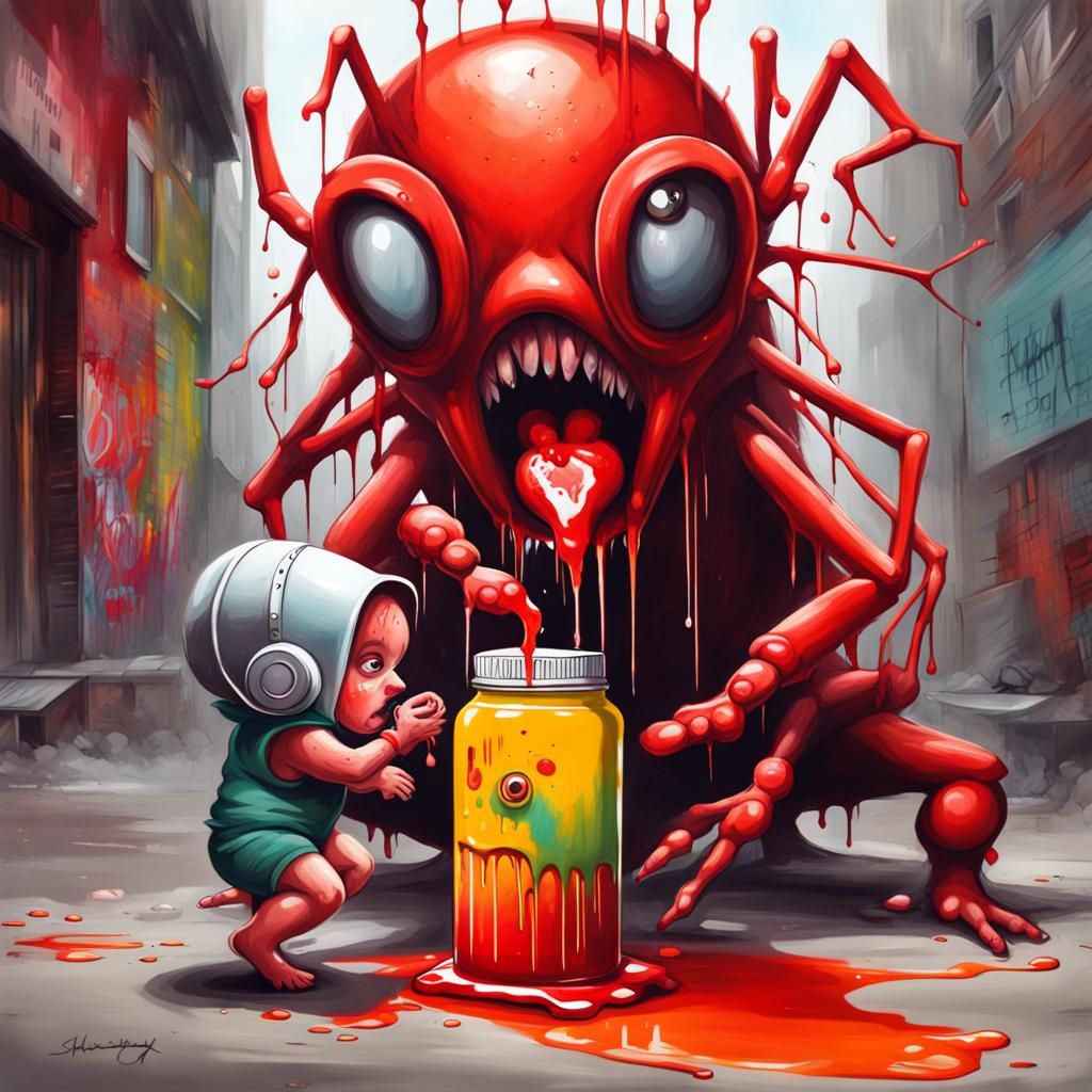 Mosquito monster putting ketchup on her baby brother