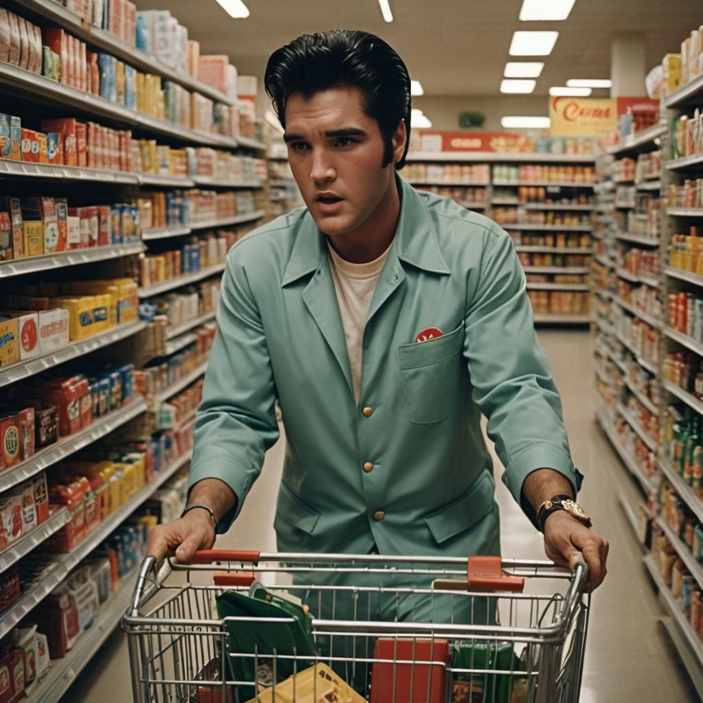 Elvis Presley at the Grocery Store: Cinematic Film Still
