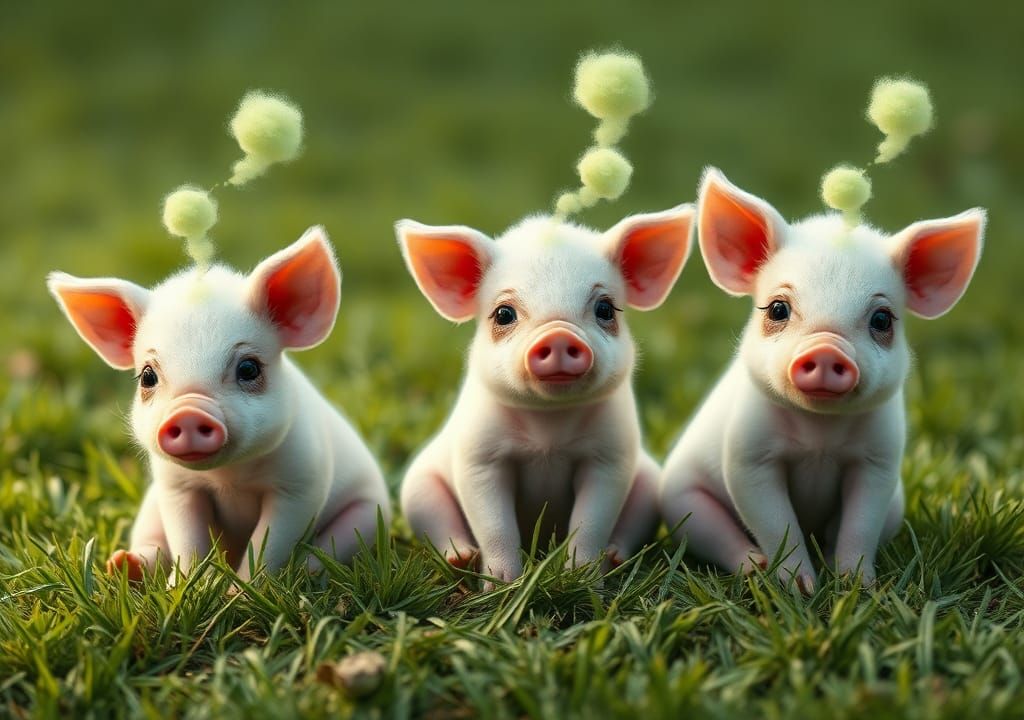 Whimsical Piglets on Meadow Emitting Green Clouds