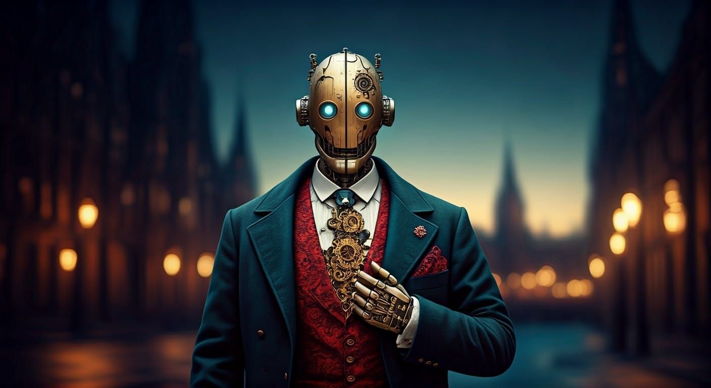 Steampunk Robot in Victorian Style Cityscape