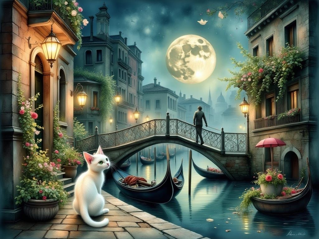 Moonlit White Cat in Venice Canals