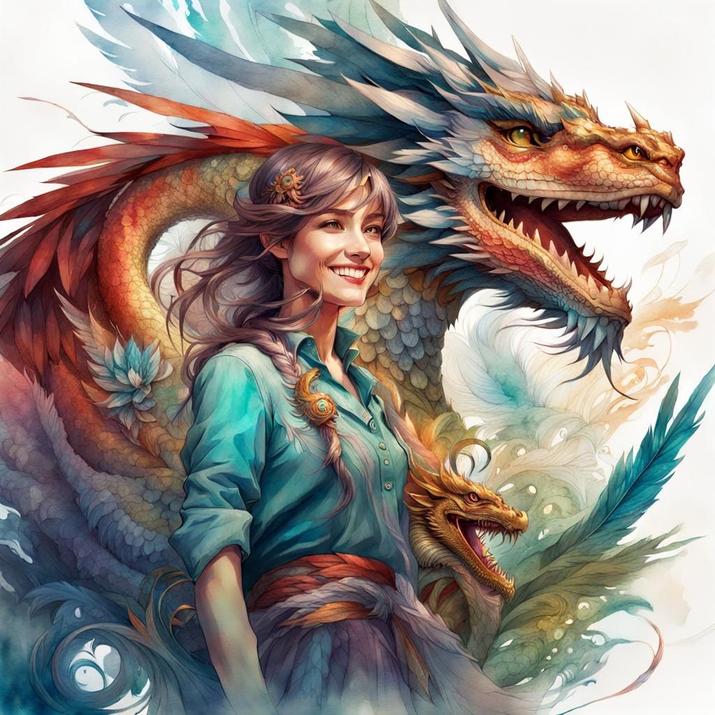 Woman and Feathered Dragon in Anime Style