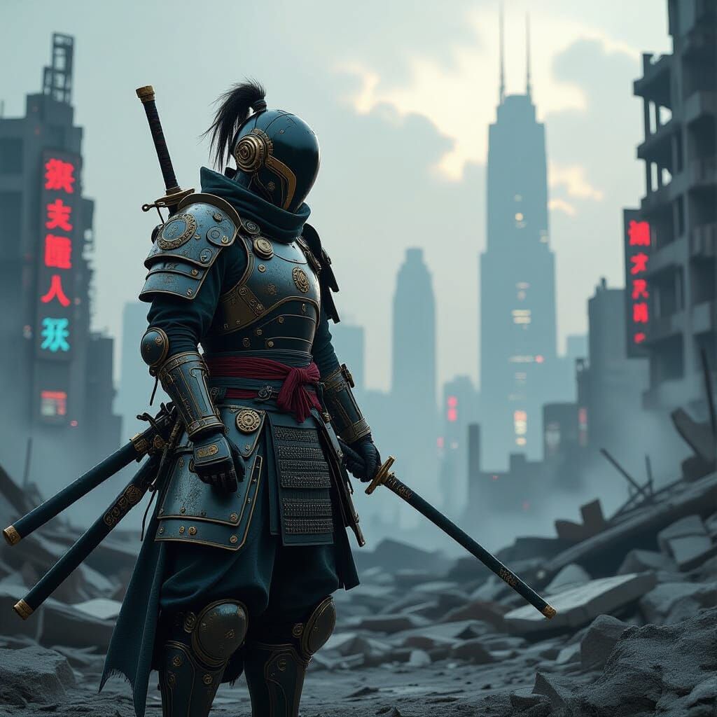 Steampunk Samurai in Futuristic City Ruins