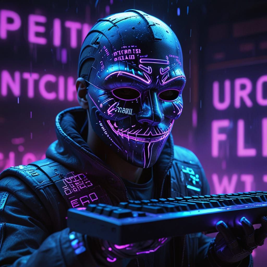 Cyberpunk Guy Fawkes Mask Character with Keyboard