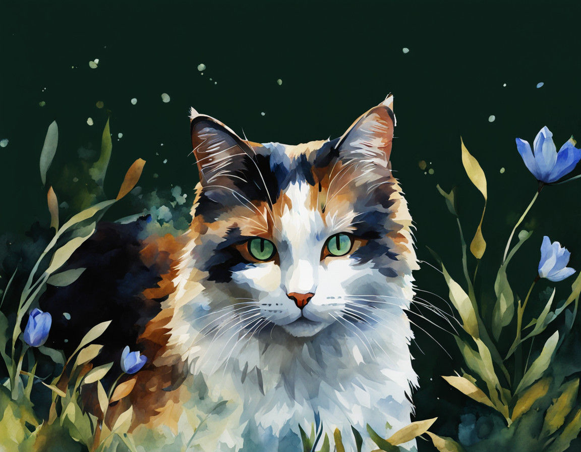 Whimsical Digital Watercolor Cat in Enchanting Forest
