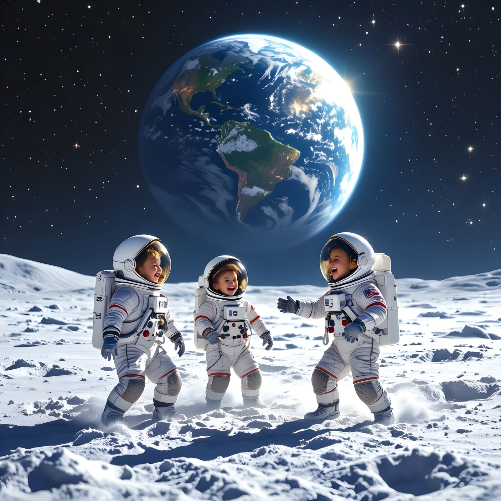 Children Play on Moon with Earth View, Digital Matte Paintin...