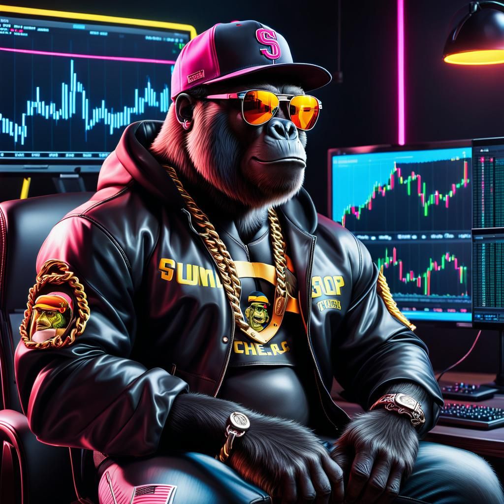 Swaggy Gorilla Portrait in Hyperrealism with Neon Vibes