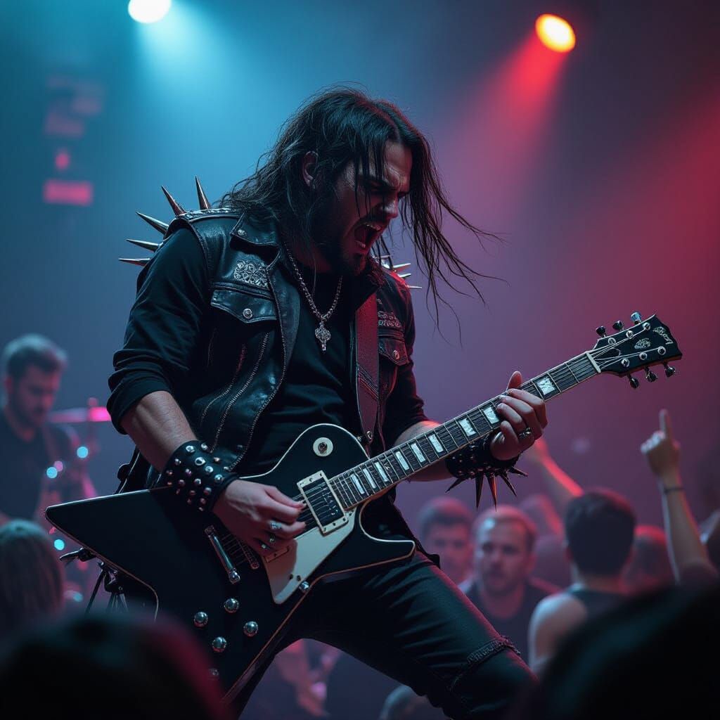 Furious Musician Shredding Guitar in Dystopian Mosh Pit