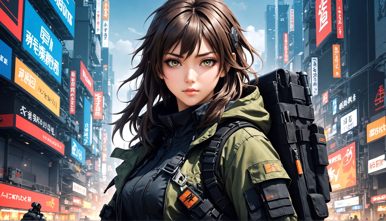 Anime Woman Ready for Battle in Cyberpunk Cityscape