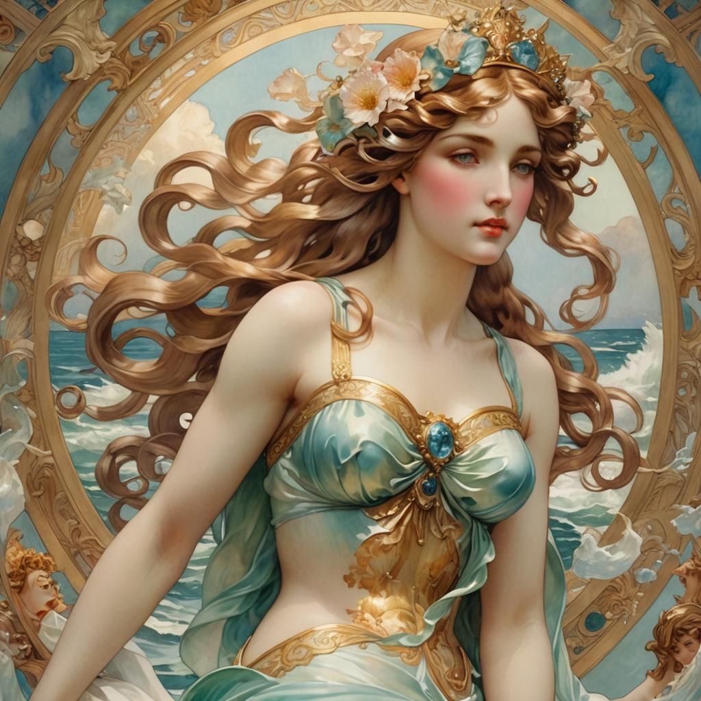 Birth of Venus in Mucha-Inspired Watercolor