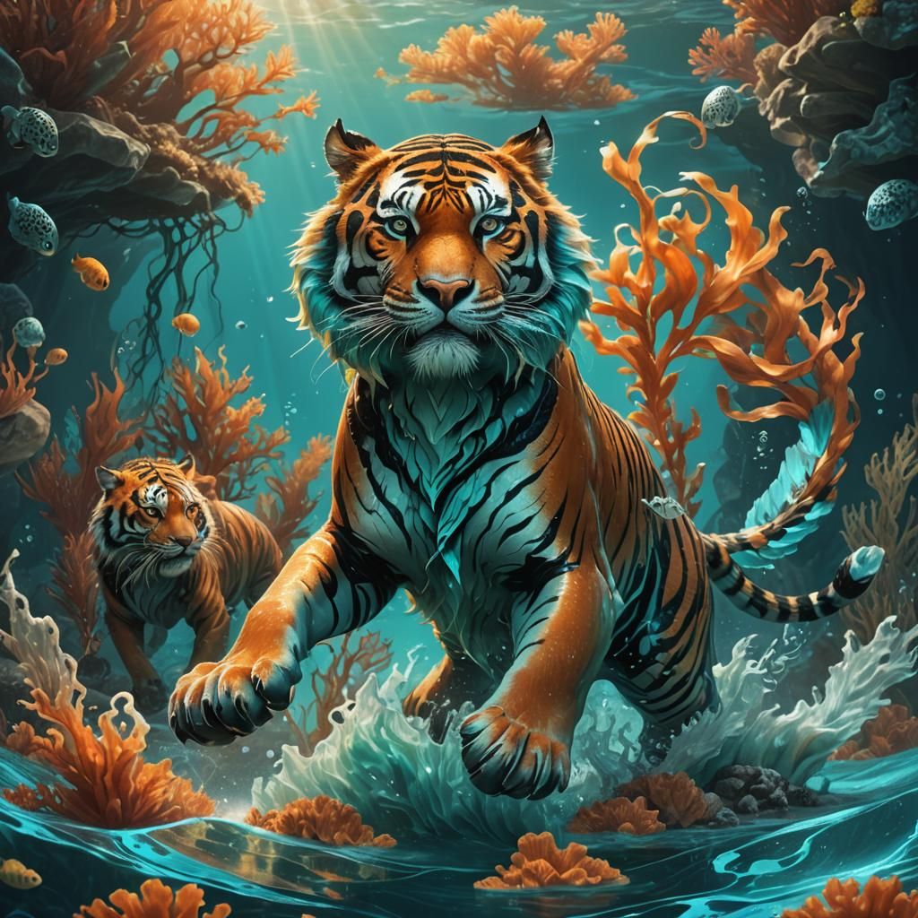 Hybrid Tiger-Seal Emerges Underwater: Fantasy Illustration