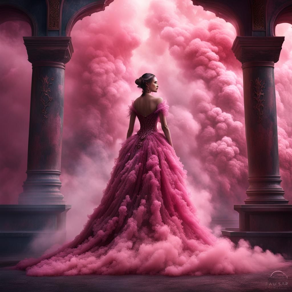 Pink Smoke Gown: Detailed Fantasy Art