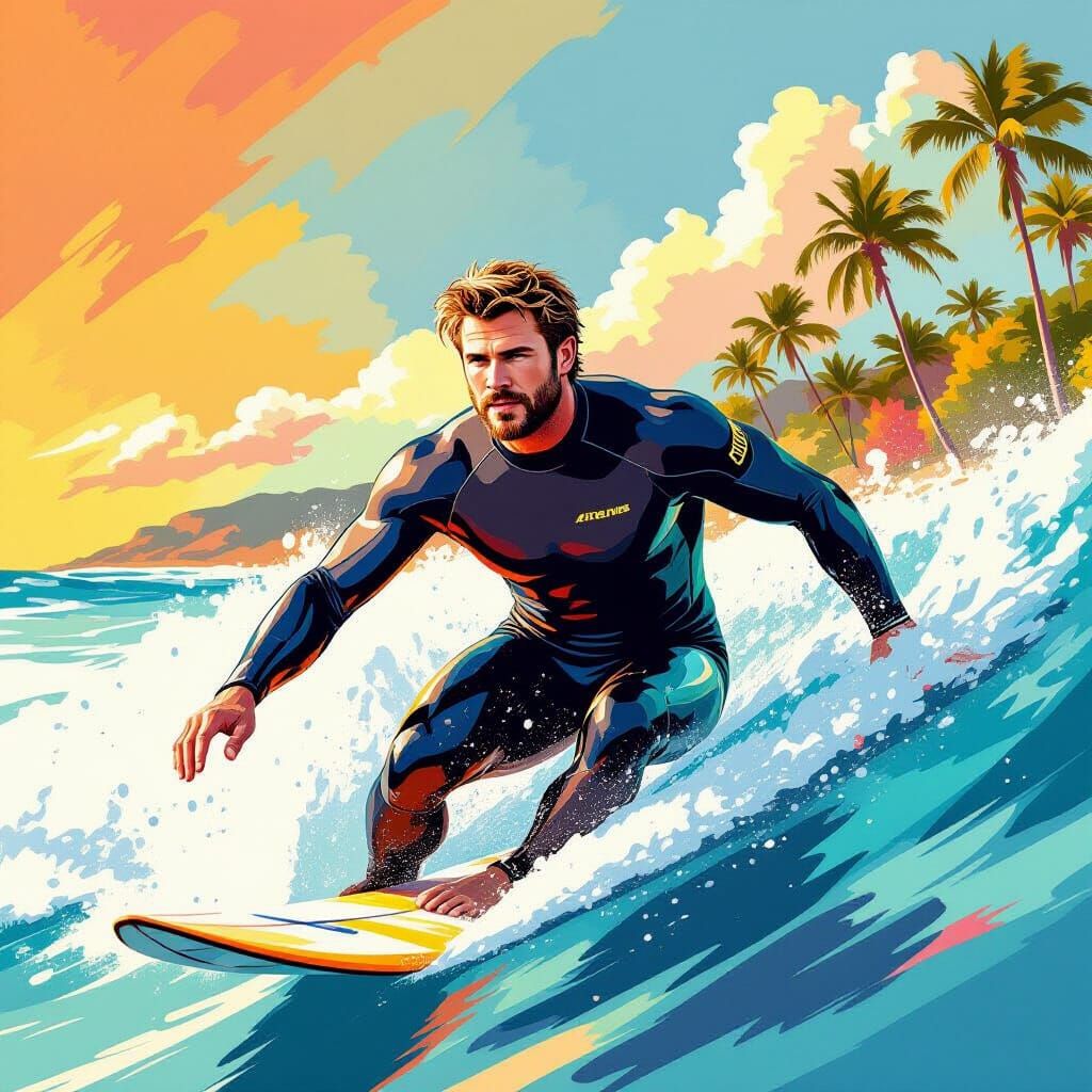 Surfer Rides Wave in Futuristic Coastal Art Style